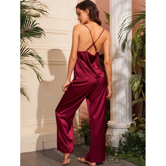 Burgundy Satin Pajama Set: Cami Top and Pants - Picture 4 of 8